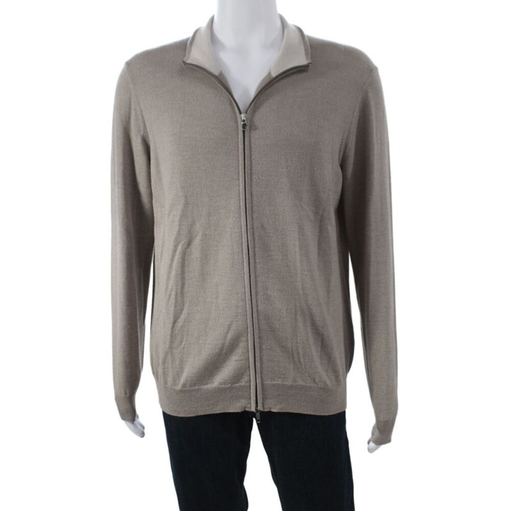 Heritage Mens Full Zip Lana Wool Collared Sweater Beige Long Sleeve Size XL